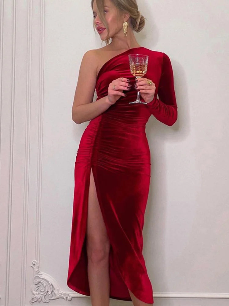 Women Elegant Long Sleeve Party Evening Velvet Bodycon Split Pencil Midi Dress Spring Autumn Clothes - MyEmpired