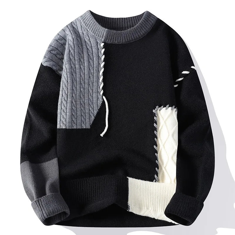 2024 New Men's Fashion Plush Contrasting Sweater Boys' Teen Crew Neck Casual Knitted Bottom Shirt