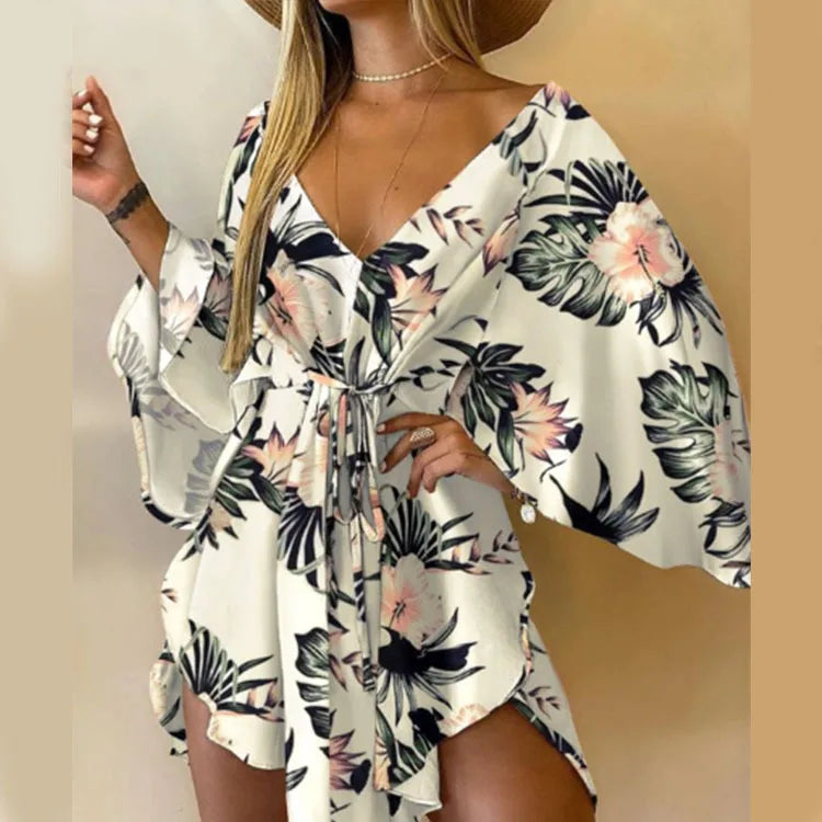 Women Print Dress Sexy V-Neck Bat Sleeve Ruffl Flowers Print Bohemian Beach Sundress Ladies Loose Summer Vacation Mini Dresses