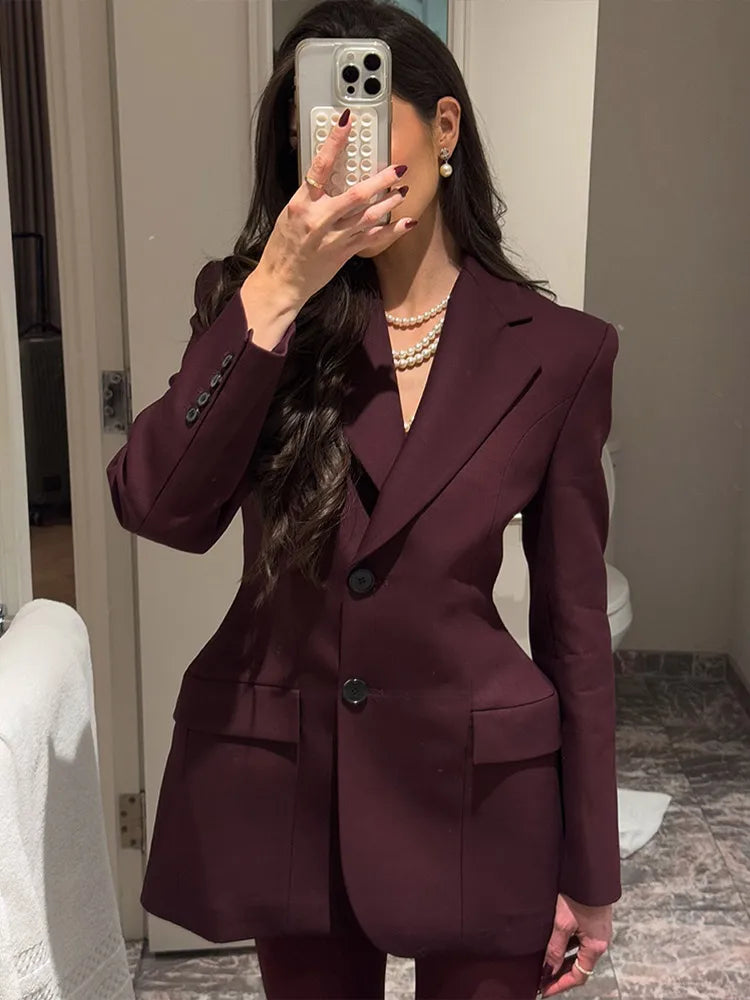 Vintage Burgundy Lapel Single Breasted Blazer Coat Women Chic Long Sleeve Waist Slim Jackets 2025 Spring Lady Commute Outwear