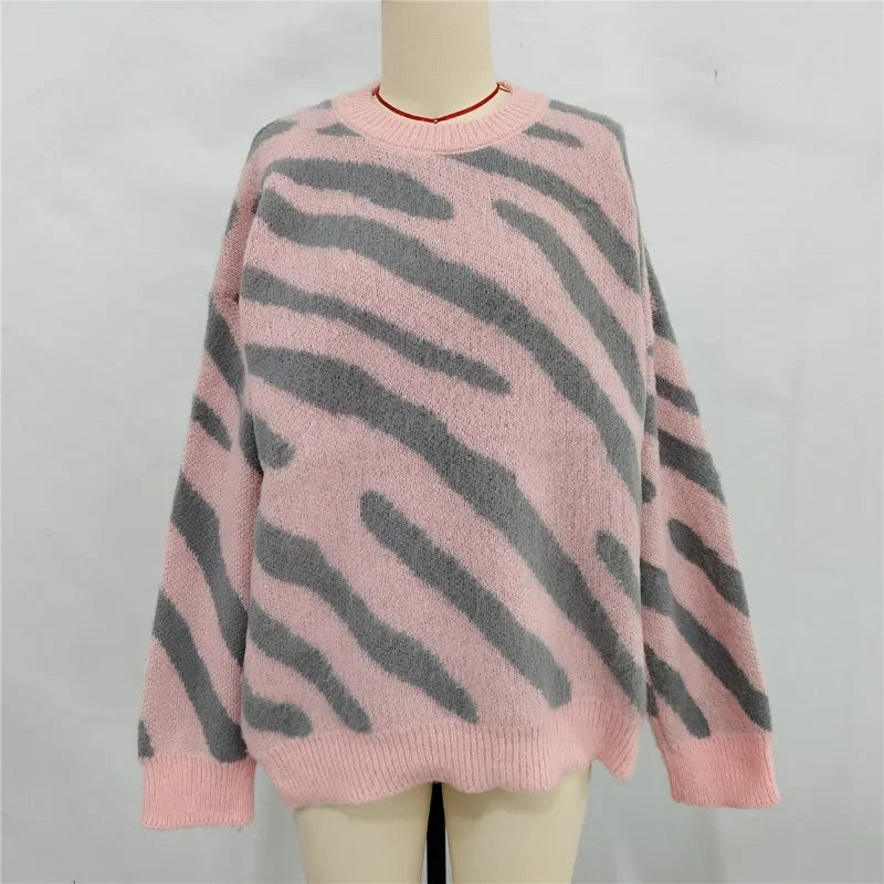 2024 Winter New Fashion Personalized Zebra Knitted Warm Pullover Sweater Plus Size Women  Crewneck Sweater for Women Pullovers