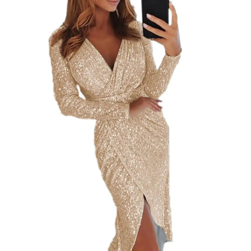 Summer Women Dress Sequined Solid Color V Neck Long Sleeve Midi Dress Elegant Slim Fit Polyester Sheath Dress For Dating