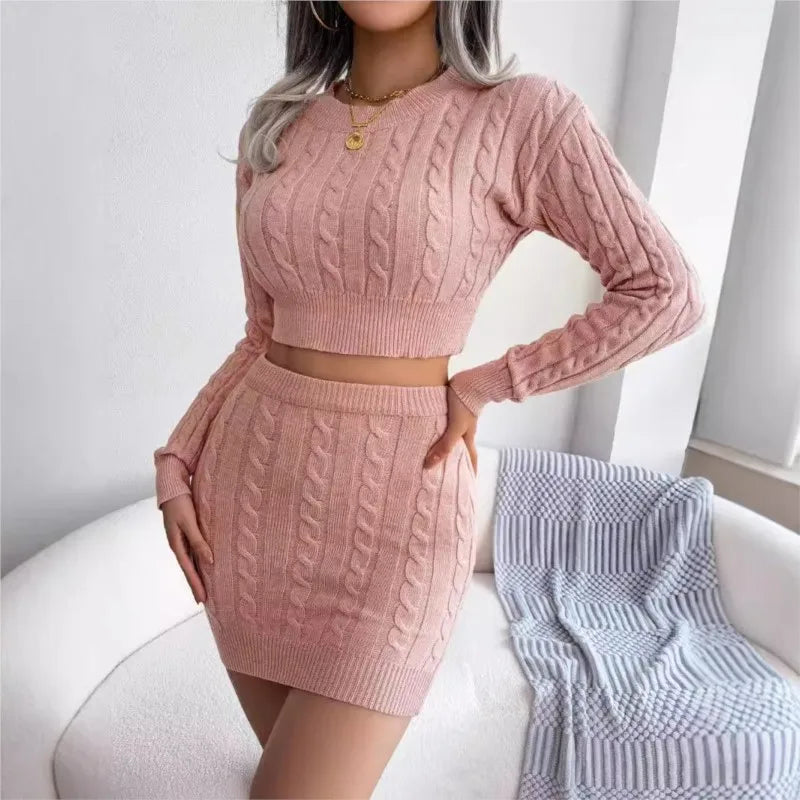 Autumn And Winter Fried Dough Twists Navel Revealing Sweater Buttock Knitting Skirt Women's Long Sleeved Top Slim Suit Skirt2024