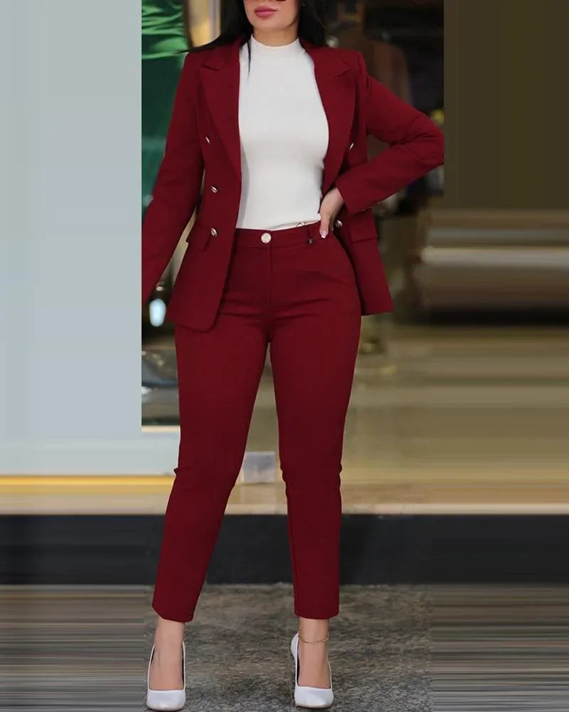 2pcs Women Office Clothing Set Long Sleeve Blazer Jacket & High Waist Pencil Pants Solid Color - MyEmpired