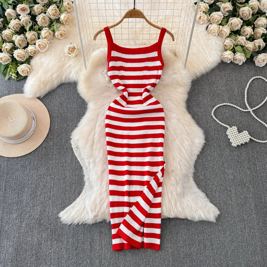 Strip Ins Fashion Sexy Package Hips Bodycon Dress Lady Embroidery Stripes Knitted Spaghetti Straps Outfits Long  Women Dress