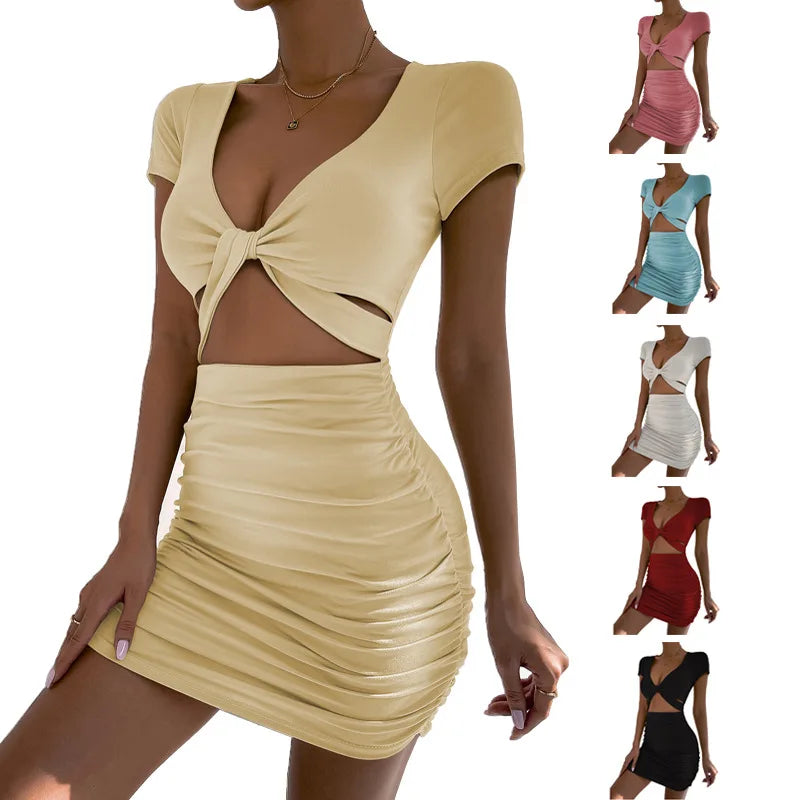 Short sleeved Sexy V-neck Open Waist Hollow Wrapped