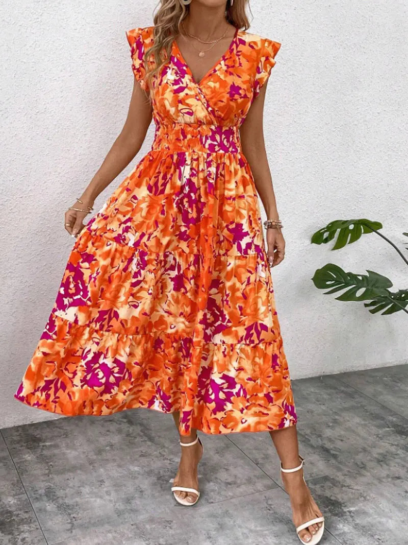 2025 Summer New Women's Sleeveless Shoulder Dress Bohemian Style Elastic Waist Ruffle Twisted Layers