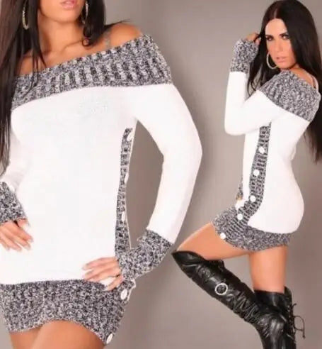New Winter Sweater Women Sexy Off Shoulder Color Block Sweater Dress Buttons Knitted Long Pullover Top sweater women - MyEmpired