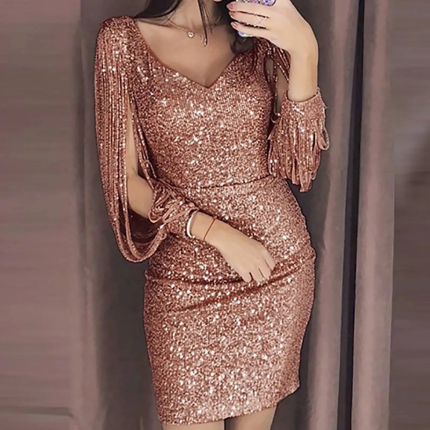 Sexy Sequin Tassel Long Sleeve Dress - MyEmpired