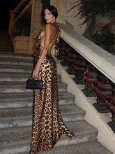 Women Elegant Leopard Print Lace-up Halter Dress Sexy Backless Deep V-neck Slim Long Dresses 2024 New Lady High Street Partywear - MyEmpired
