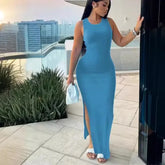 Mandylandy Long Bodycon Sexy Dress Women Sleeveless Round-Neck High Waist Dresses Solid Color High Waist Sheath Sexy Dresses - MyEmpired