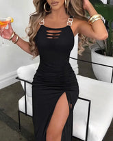 Summer Dresses for Women Fashion 2024 Solid Ladder Cutout Buckled High Slit Bodycon Dress Lady Hole Decoration Party Evening - MyEmpired