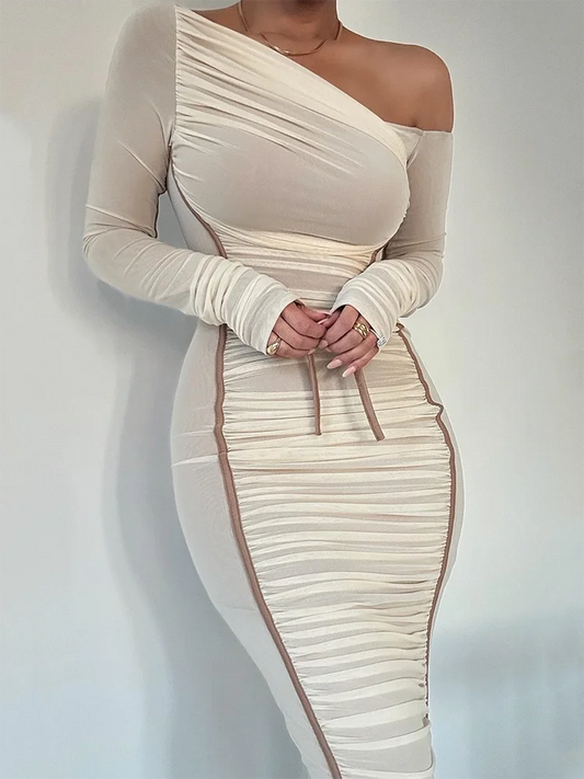 Mozision Diagonal Collar Long Sleeve Midi Dress For Women Two Layer Mesh Backless Ruched Bodycon Club Party Sexy Long Dress