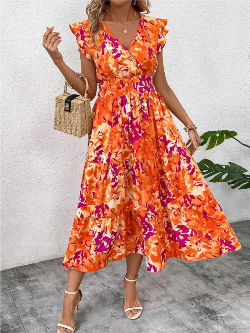 2025 Summer New Women's Sleeveless Shoulder Dress Bohemian Style Elastic Waist Ruffle Twisted Layers