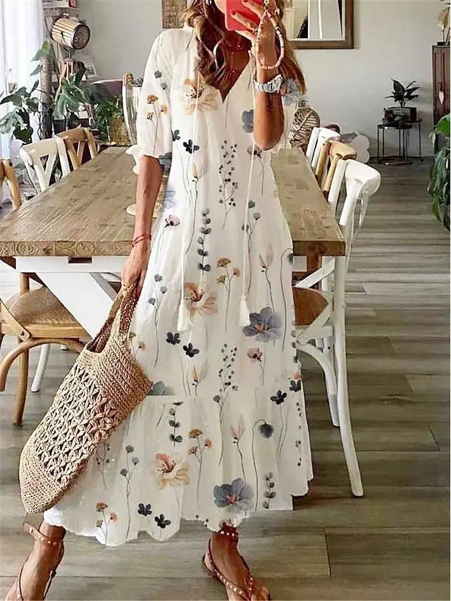 Spring Summer New 2024 Women's Casual Sweet Loose Sexy V-neck Drawstring Fashionable Printed Long Sleeved Dress