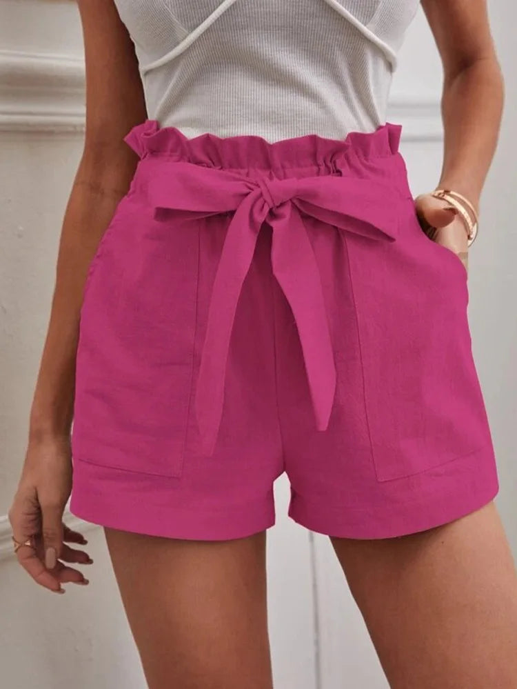Stylish Solid Color White Shorts Women Pocket Drawstring Casual short Pants Summer Daily Pants - MyEmpired