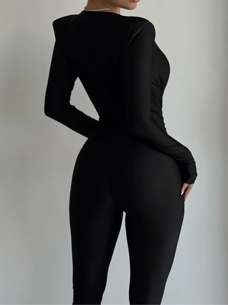 Mozision Deep V Neck Long Sleeve Skinny Jumpsuits Women Rompers Elegant Black High Waist Ruched Slim Sexy Jumpsuit Outfits - MyEmpired