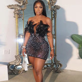 Sexy Club Party Night Feathers Rhinestones Birthday Dresses for Woman Elegant Backless Diamond Sheer Mesh Bodycon Dress Vestidos - MyEmpired