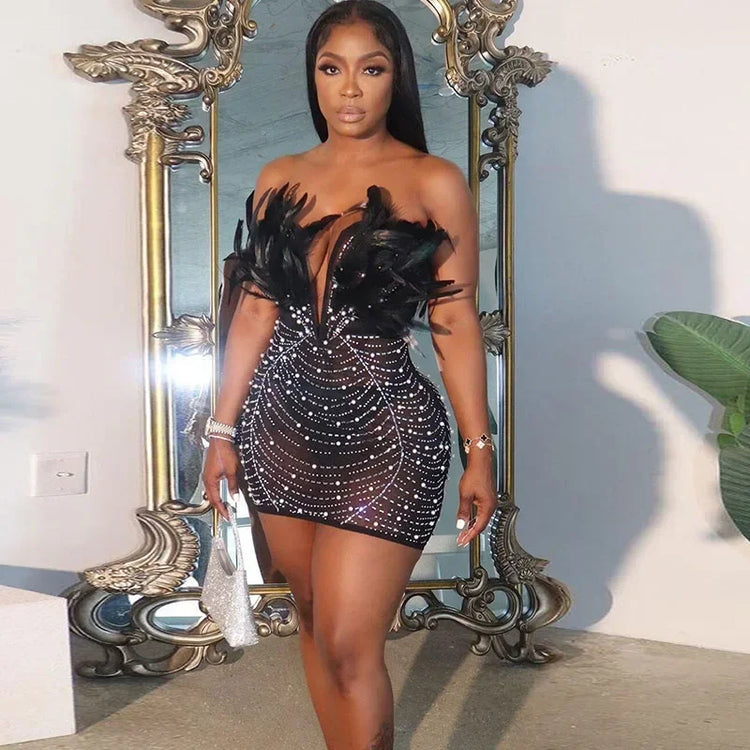 Sexy Club Party Night Feathers Rhinestones Birthday Dresses for Woman Elegant Backless Diamond Sheer Mesh Bodycon Dress Vestidos - MyEmpired