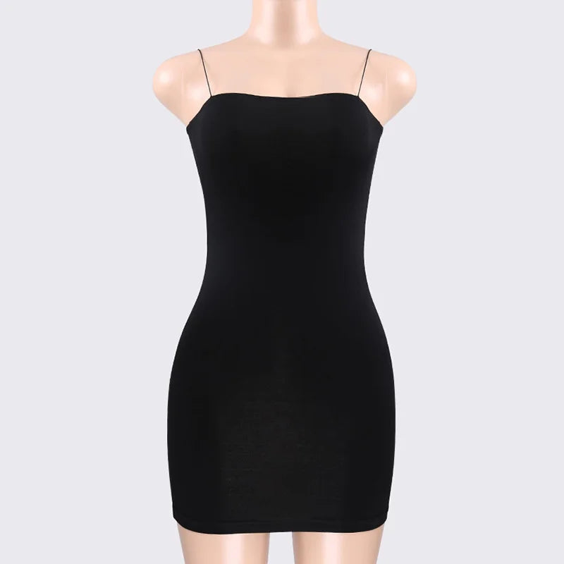 Black Sexy Dress Spaghetti Strap High Waist Sheath Club Dresses Women Short Summer Mini Sleeveless Dress QT025