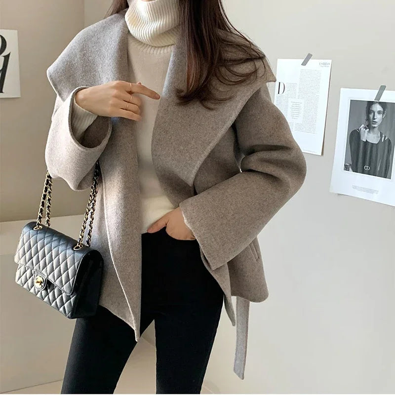 MEXZT Elegant Wool Blends Coats Women Black Bandage Woolen Jackets Winter Ladies Commute Outerwear Korean Fashion Overcoat New