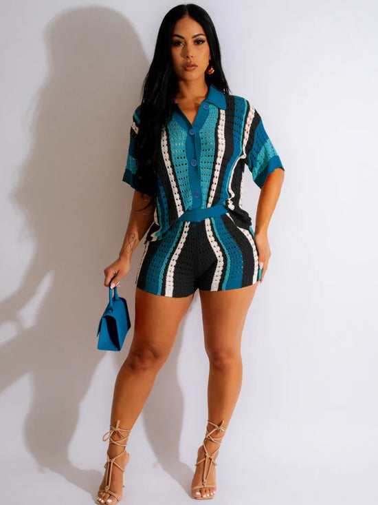 JRRY Sexy Women Knitted Set Two Pieces Sets Turn Down Collar Short Sleeves Top Pants Cover Ups Hollow Out Beach Pants Set - MyEmpired