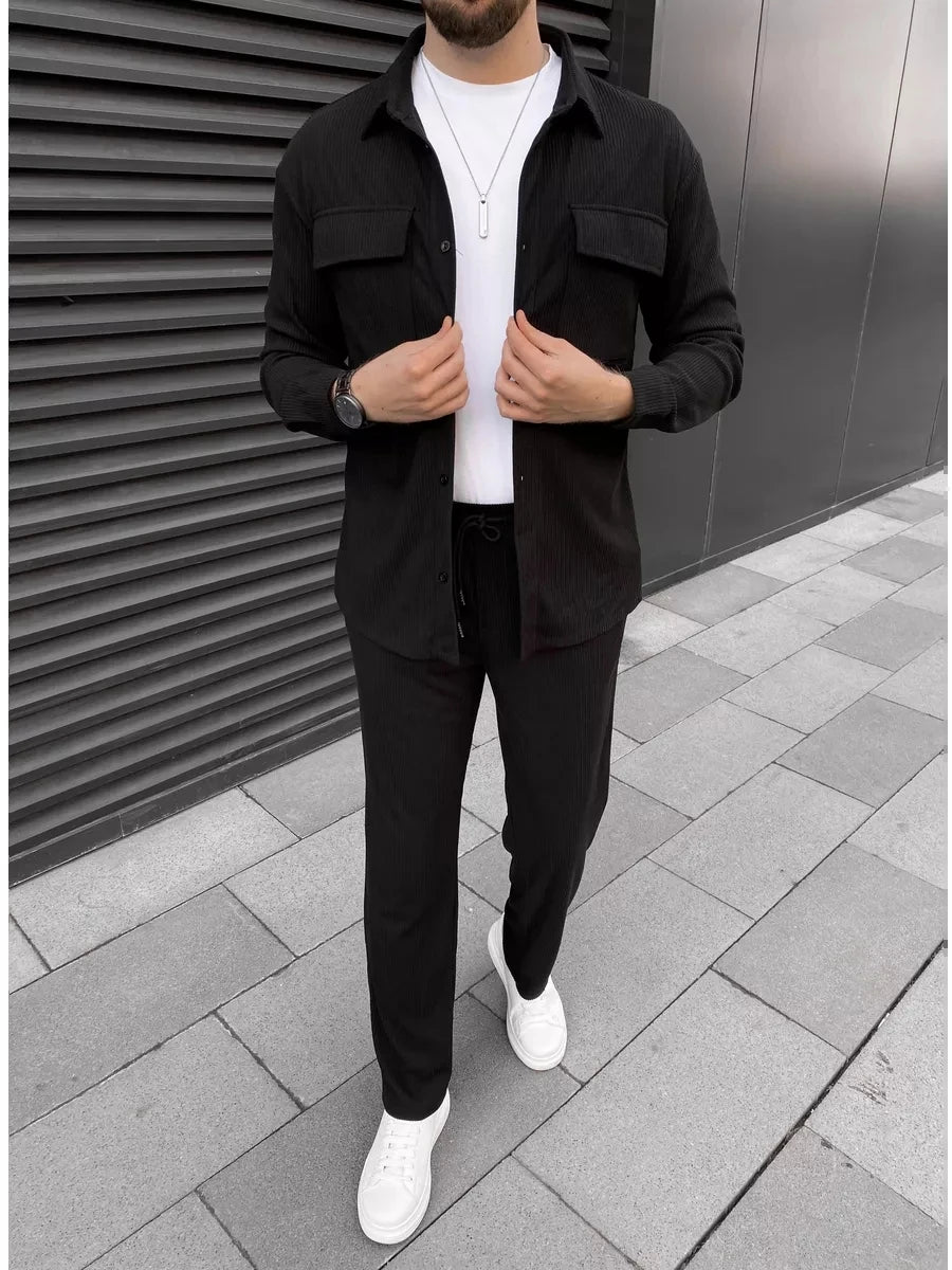 buckle lapel double pocket long sleeve two-piece casual - MyEmpired