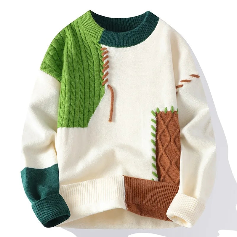 2024 New Men's Fashion Plush Contrasting Sweater Boys' Teen Crew Neck Casual Knitted Bottom Shirt