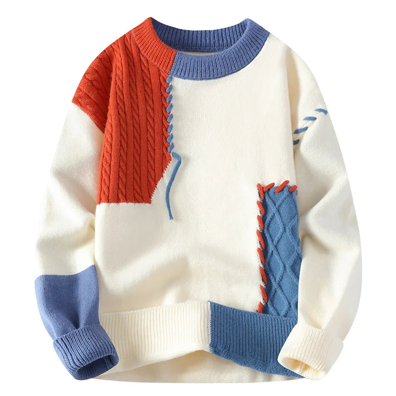 2024 New Men's Fashion Plush Contrasting Sweater Boys' Teen Crew Neck Casual Knitted Bottom Shirt