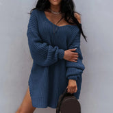 Women Oversize Sweater Solid Color Drop Shoulder Long Sleeves Long Sweater New Knitting V Neck Fashion Sexy Sweater Autumn - MyEmpired