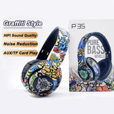 Graffiti Foldable Bluetooth Headphones Llluminated Wireless Noise Canceling Bass Headset Game Earphone With Mic For Kids Gifts - MyEmpired