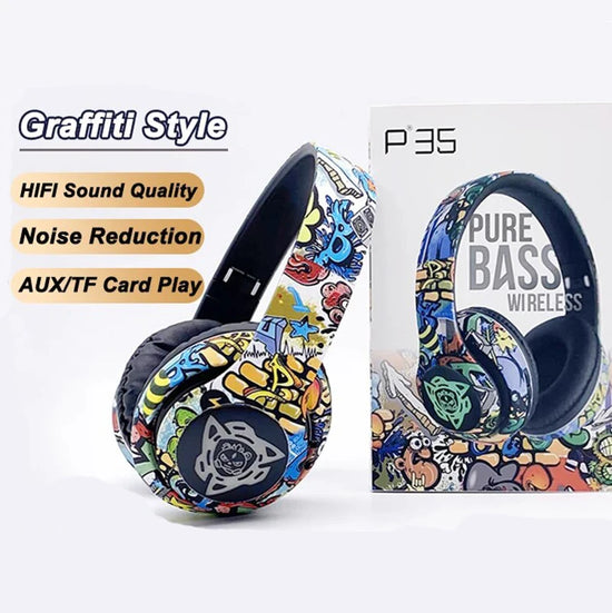 Graffiti Foldable Bluetooth Headphones Llluminated Wireless Noise Canceling Bass Headset Game Earphone With Mic For Kids Gifts - MyEmpired