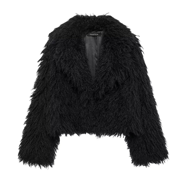 TRAFZA 2025 Autumn Winter Women Casual Faux Fur Jackets Fashion Streetwear Solid Turn Down Collar Warm Oversized Thick Coats - MyEmpired