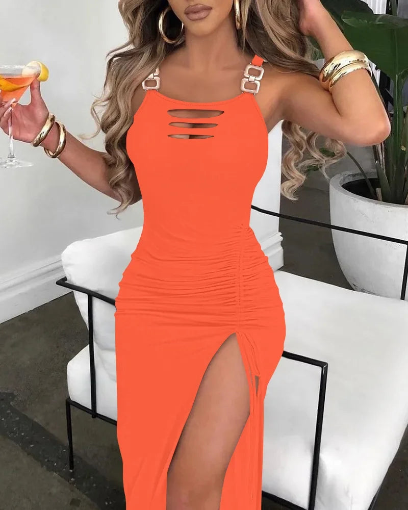 Summer Dresses for Women Fashion 2024 Solid Ladder Cutout Buckled High Slit Bodycon Dress Lady Hole Decoration Party Evening