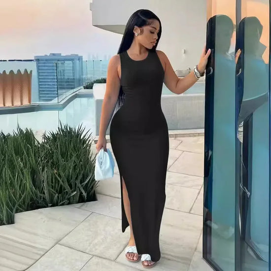 Mandylandy Long Bodycon Sexy Dress Women Sleeveless Round-Neck High Waist Dresses Solid Color High Waist Sheath Sexy Dresses - MyEmpired