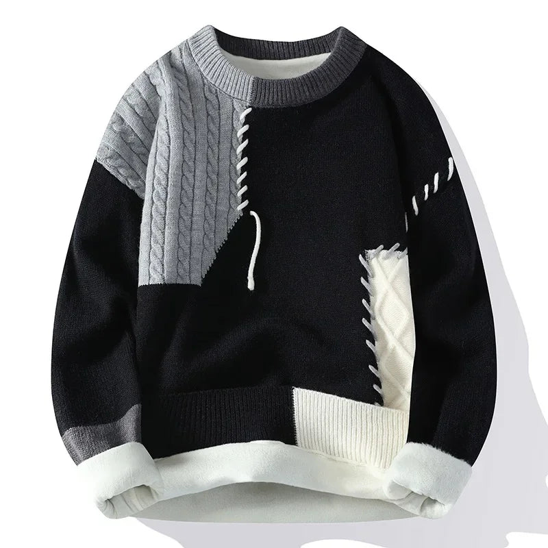 Men's Winter Casual Unique Design Color Blocking Sweater Knitted Top Fleece-lined Thickened Warm Woolen Coat