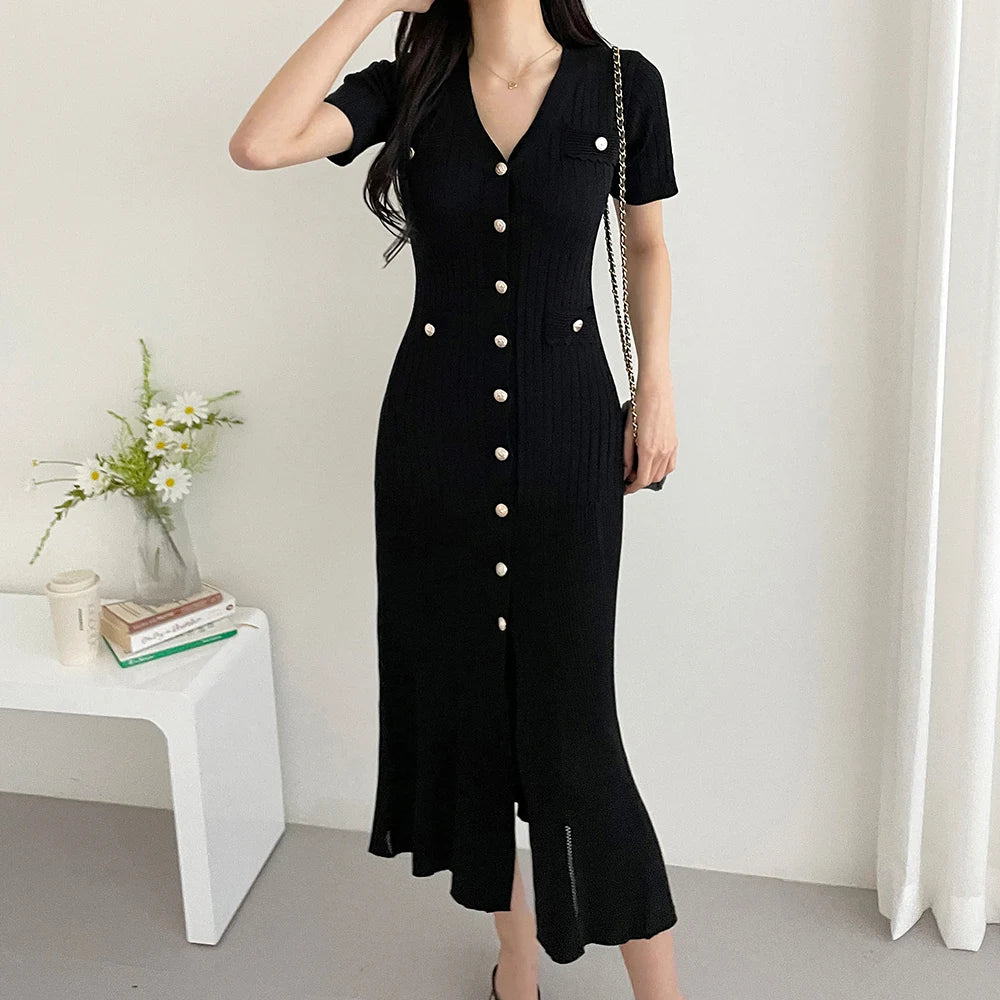 Summer Midi Dress Women Knitted Black Bodycon Korea Style Ruffle Ladies Dresses Elegant Fashion Casual Woman Dress 2024