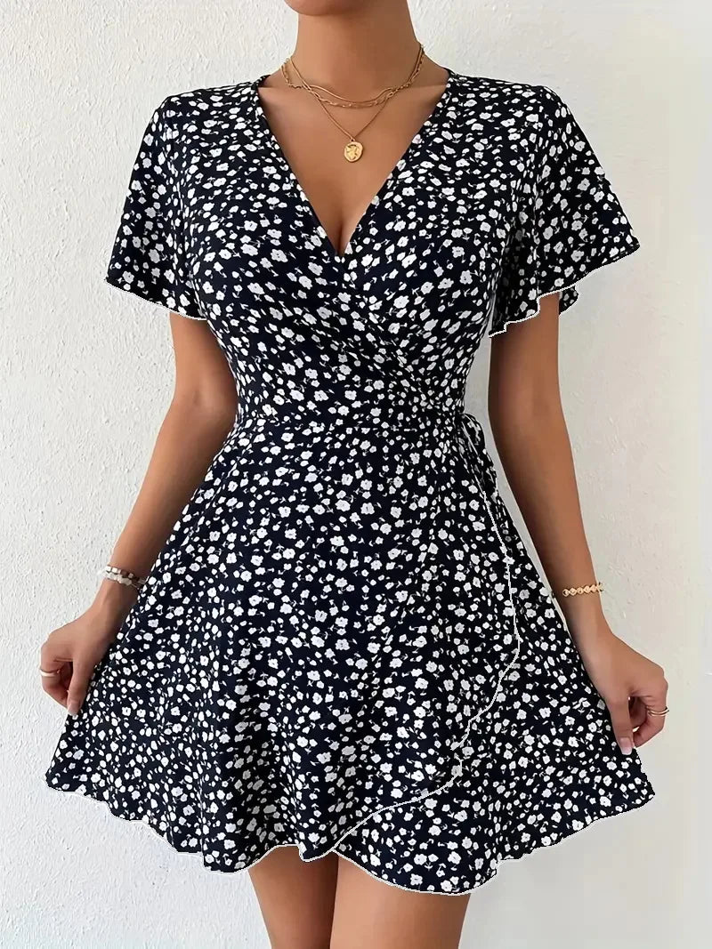 Women Sexy Printed A Line Dress Summer Bohemian V-Neck Short Sleeved Mini Dresses