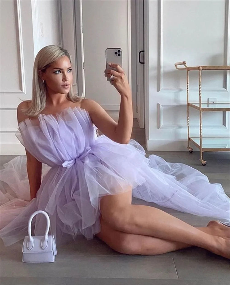 Elegant Mesh Tulle Wedding Party Dress for Women Strapless Off Shoulder High Waist Evening Gowns Formal Occasion Prom Dresses - MyEmpired