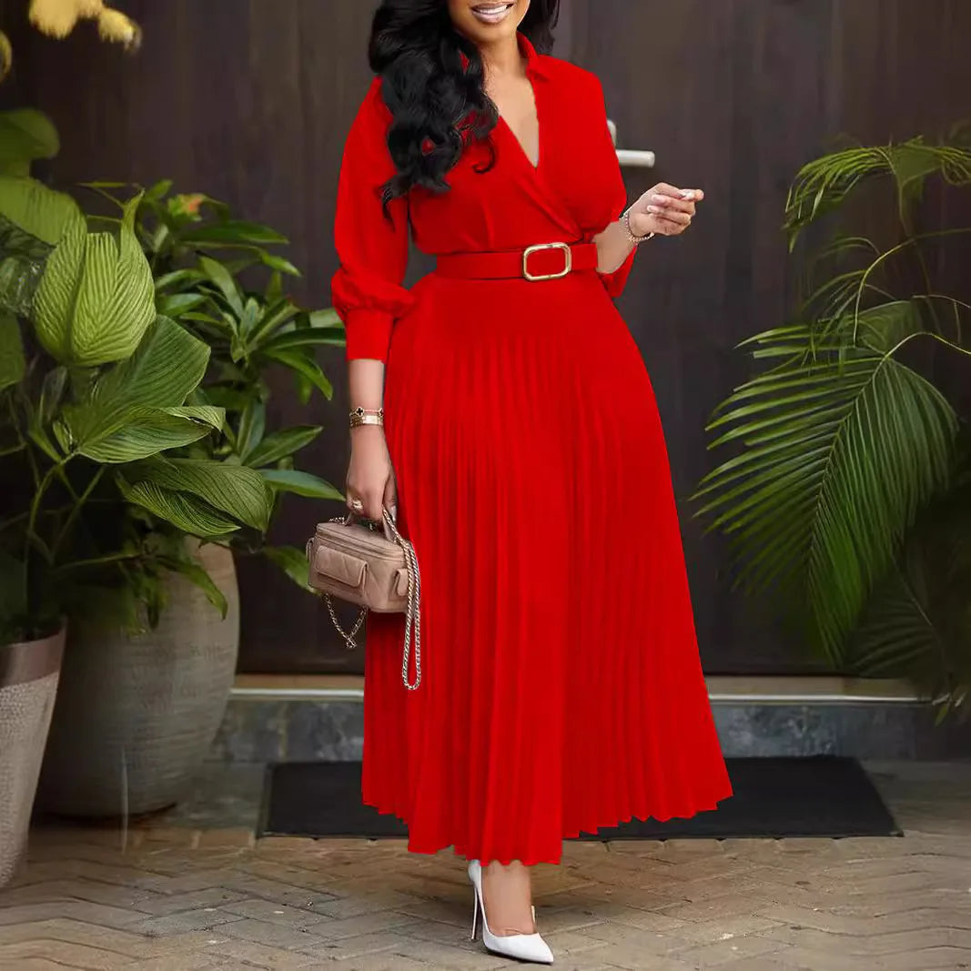 Autumn Women Pleated V Neck Long Sleeve Belt Midi Dress Elegant Long Sleeve Belt Red White Evening Party Dresses Robe Sexy Femne