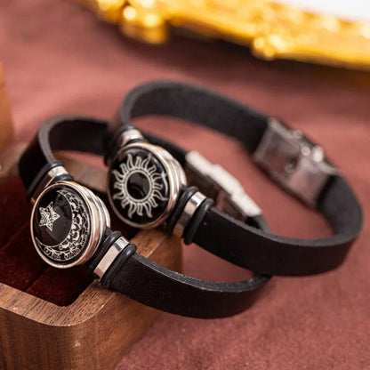 2-Piece Luminous Sun Moon Faux Leather Strap Bracelet Retro Minimalist Unisex