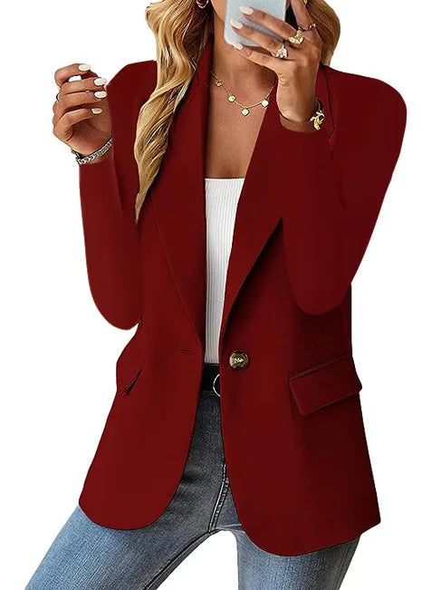 Fashionable Casual Women Blazer 2024 Spring Autumn New Solid Color Turn Down Collar Long Sleeve Suit Coat Elegant Office Lady - MyEmpired