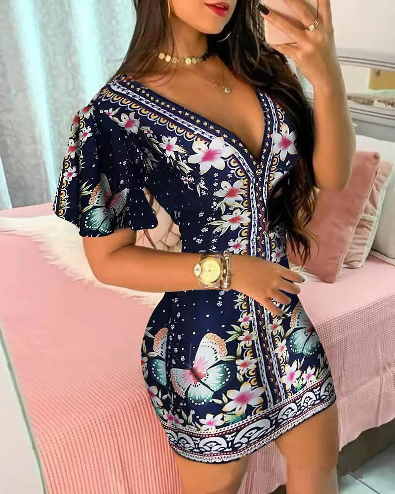 Summer Elegant Floral Print Bodycon Mini Dress Women 2024 Fashion Sexy Deep V-neck Package Hip Dresess Office Lady Party Dress