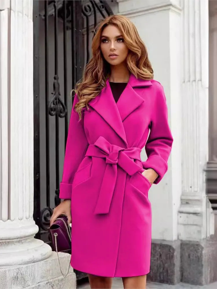 Temperament Elegant Slim Woolen Coat Women Fashion Solid Color Lapel Leace-up Bodycon Midi Woolen Coats Female Autumn Winter New