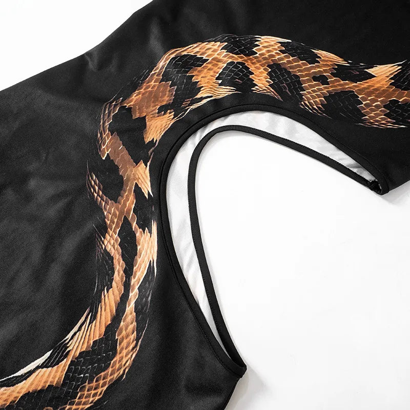 Black Cut Out Beach Dress Women Fashion Snake Print Slim Club Party Dresses Summer Sexy Split Sleeveless Long Dress 2024 New - MyEmpired