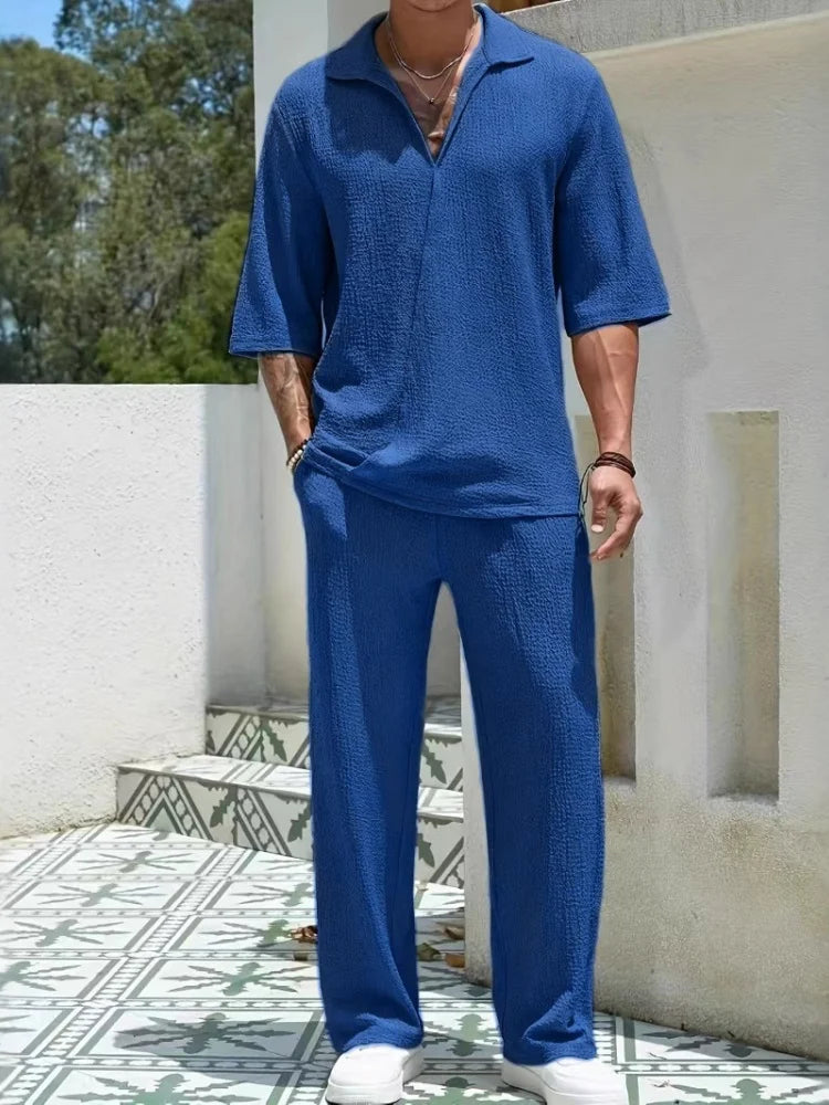 half-sleeved shirt loose drawstring pants Two-piece beach Suit - MyEmpired