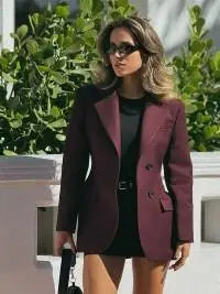 Vintage Burgundy Lapel Single Breasted Blazer Coat Women Chic Long Sleeve Waist Slim Jackets 2025 Spring Lady Commute Outwear