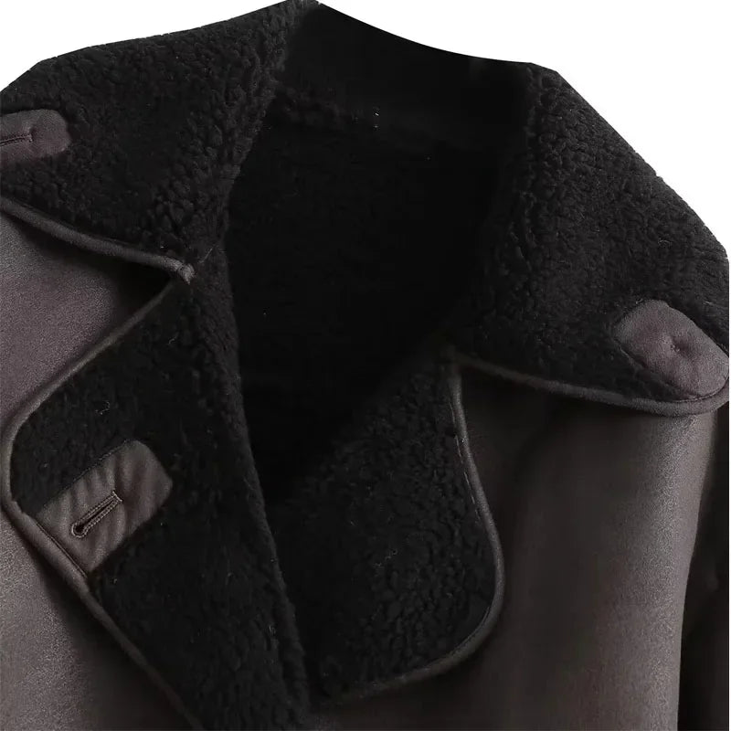 TRAF Woman Thick Faux Leather Jackets for Women Coat Autumn Winter Warm Wool Blends Coats Demi-season Plush Jacket Outerwear - MyEmpired