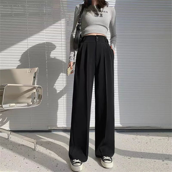 Fashion High Waist Wide Leg Pants Women Spring Fall Baggy Black Trouser Office Ladies Full Length Straight Suit Pant Outwear New - MyEmpired