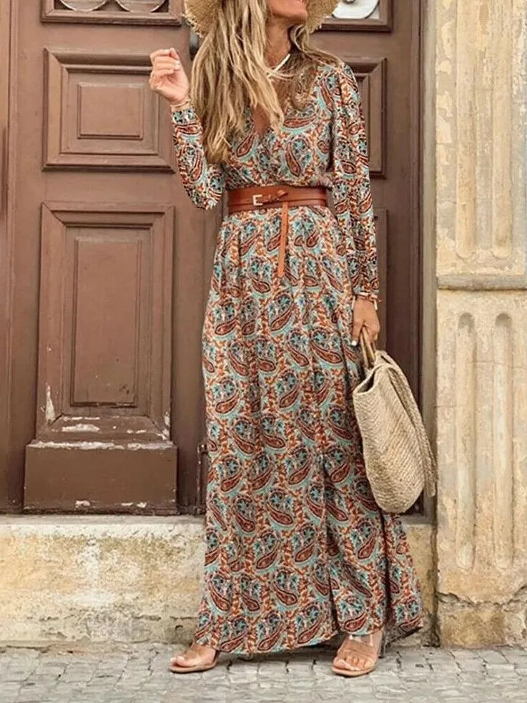 Women's Autumn Winter New Long Sleeved Sexy V-neck Hem Slit Bohemian Fashion Printed Floral Casual Dress Women's Clothing